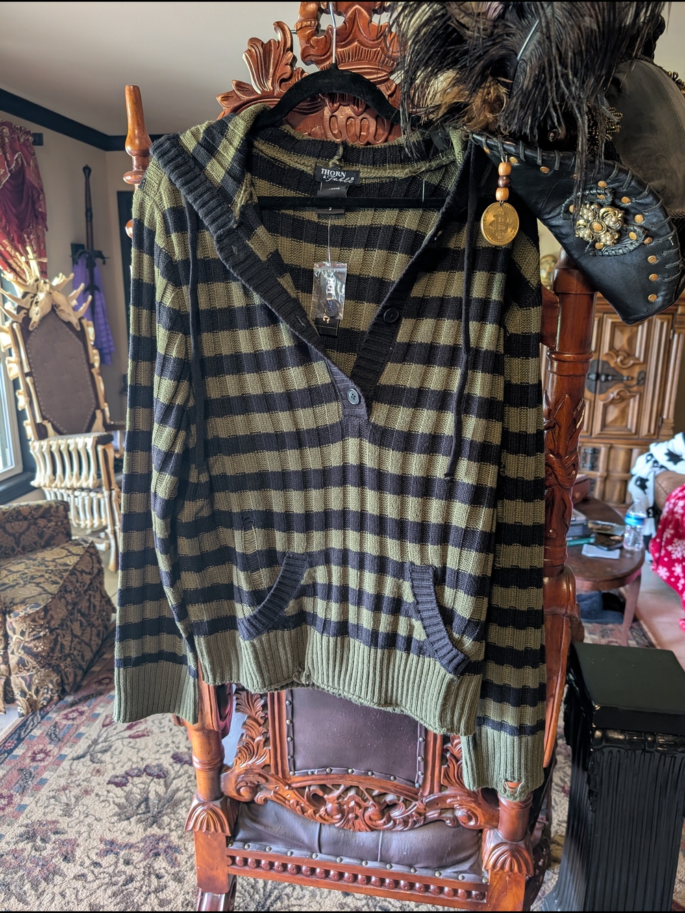 thor Olive and Black Striped V-Neck Sweater